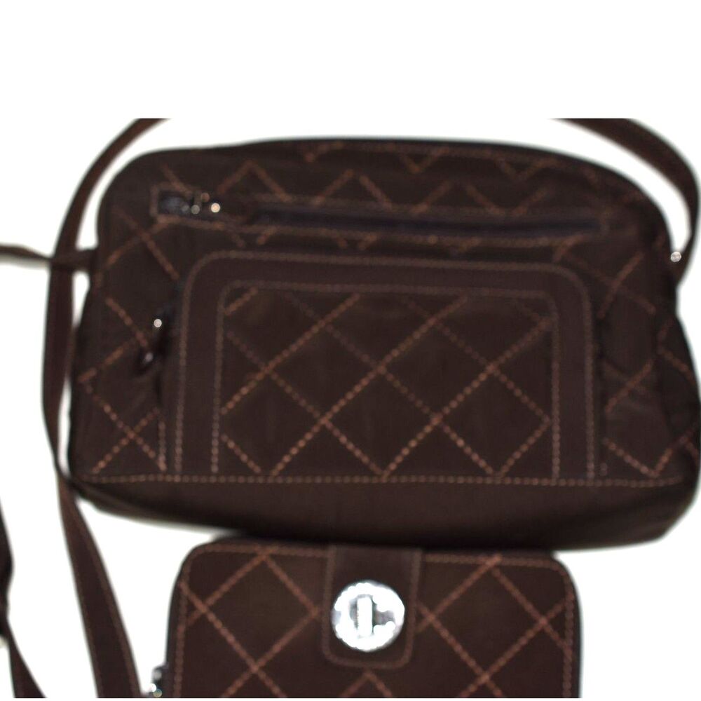 Vera Bradley Brown Quilted Microfiber Turn Lock Zip Wallet & Crossbody Mod Purse